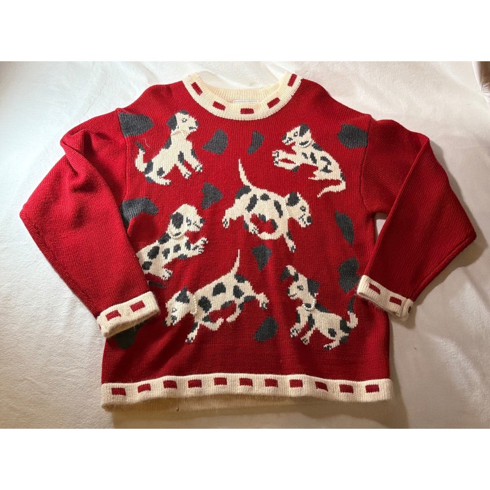 Vintage Saks Fifth Avenue ASAP Dalmatian Dog Wool Angora Sweater Red Large